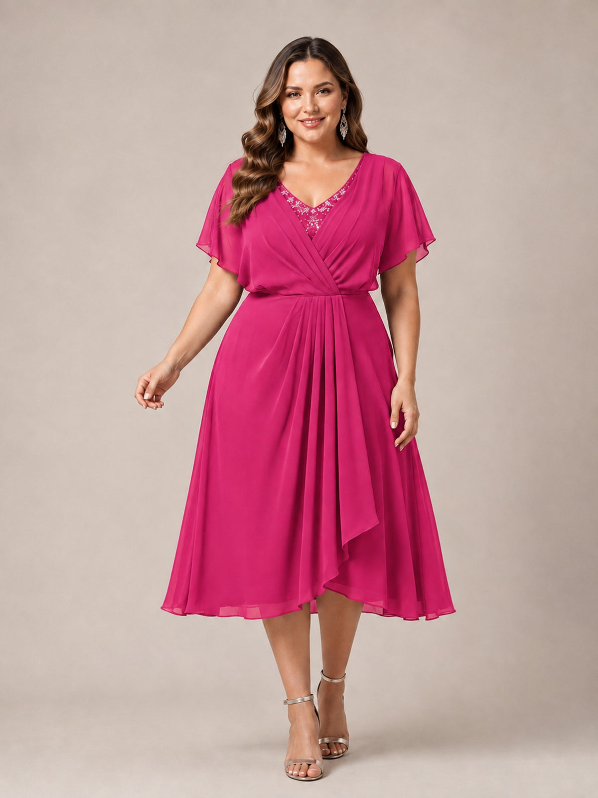 Navy Blue A-Line V-Neck Tea-Length Mother of the Bride Dress