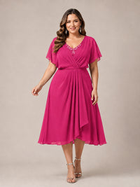 Navy Blue A-Line V-Neck Tea-Length Mother of the Bride Dress