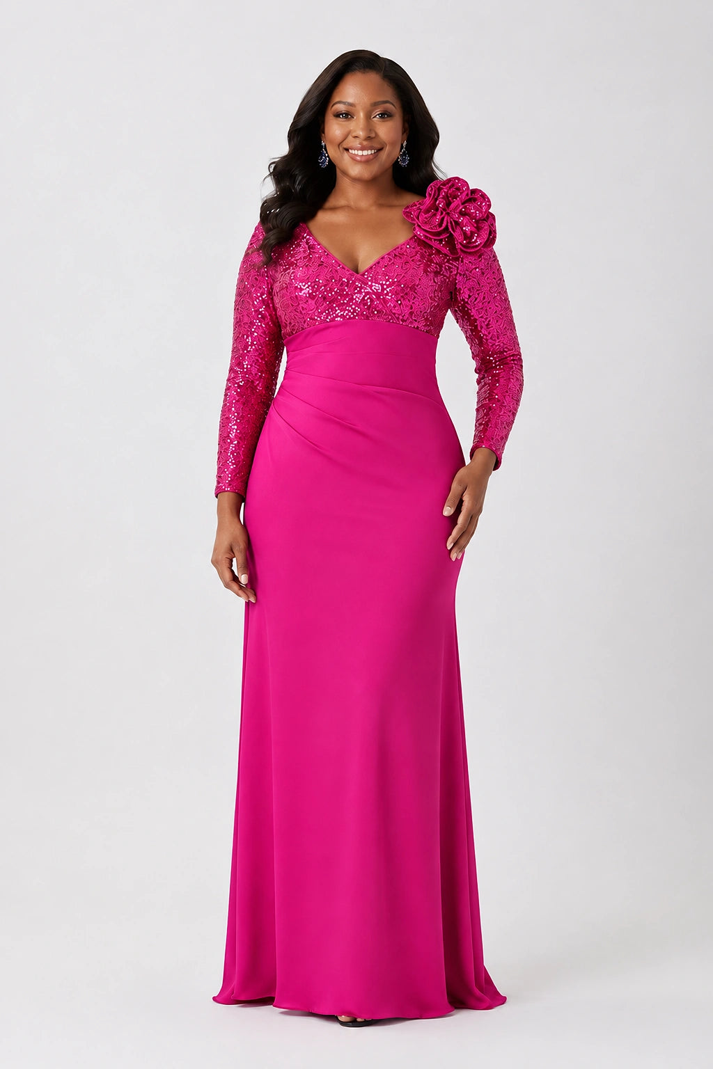 Sequin Mother of the Bride Dress with Long Sleeves 3D Floral V-Neck Gown