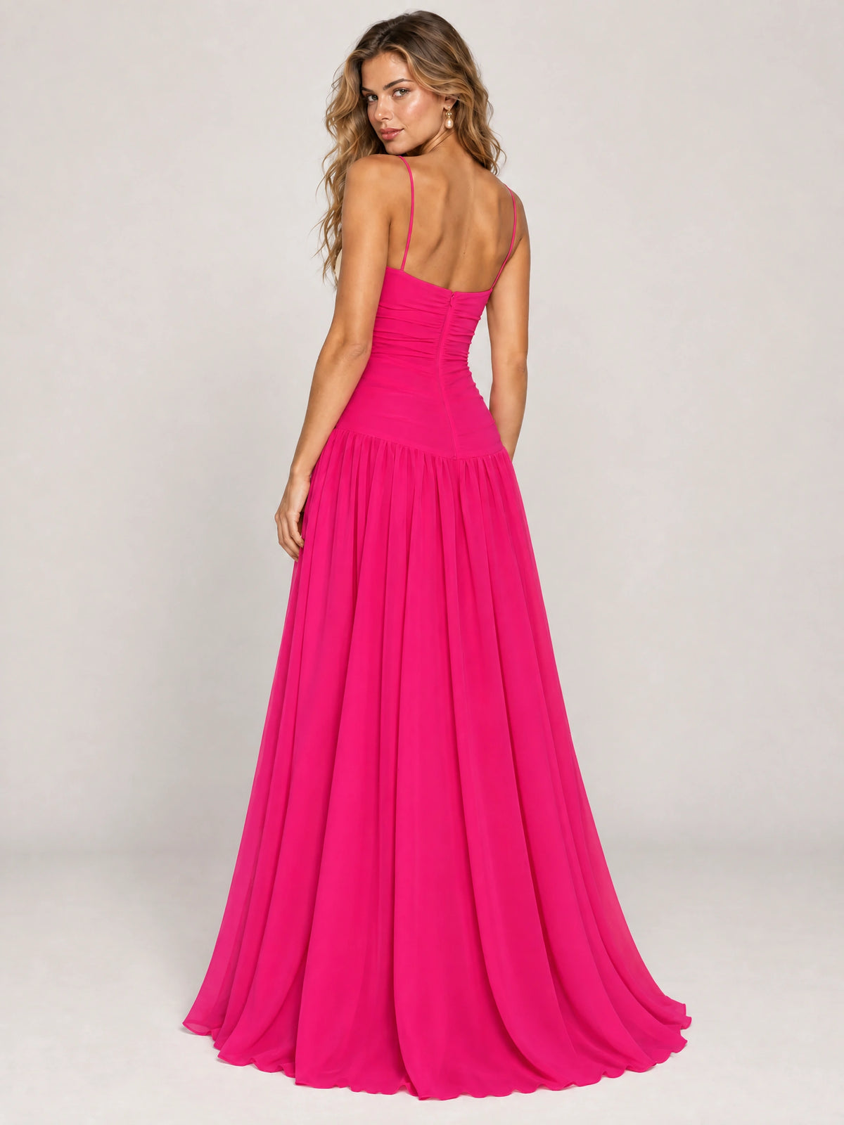 Butter Yellow Ruched Spaghetti Strap Drop-Waist Prom Dress