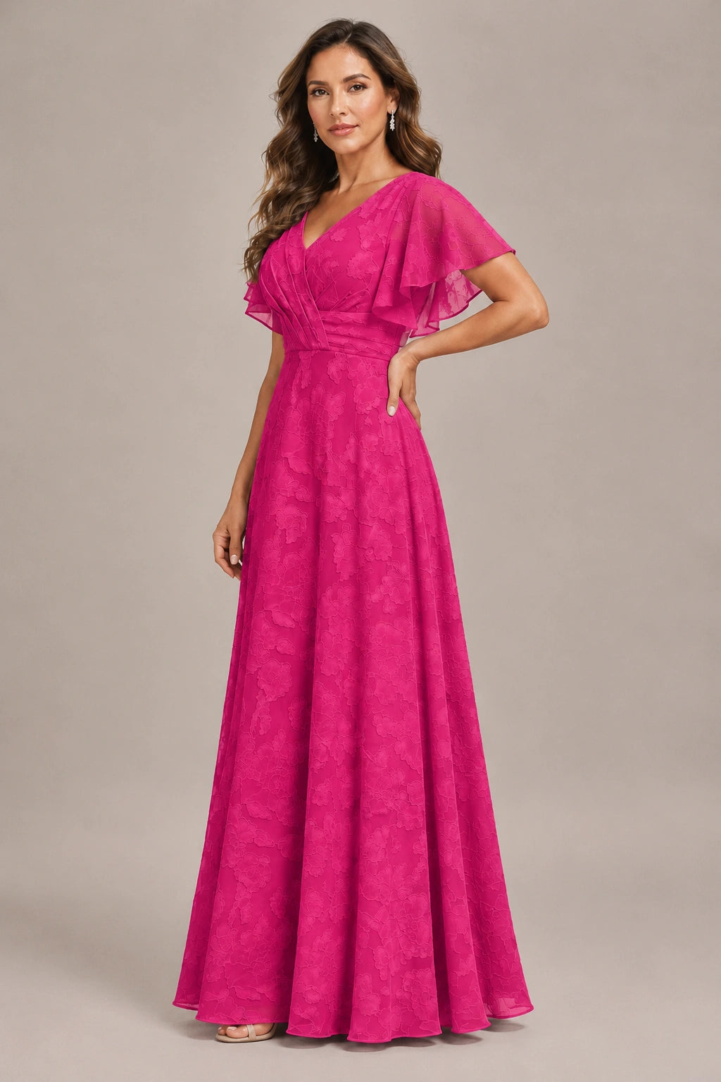 Jovellee Floral Chiffon A-Line Mother of the Bride Dress with Flutter Sleeves