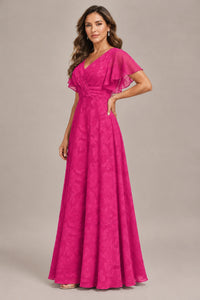 Jovellee Floral Chiffon A-Line Mother of the Bride Dress with Flutter Sleeves