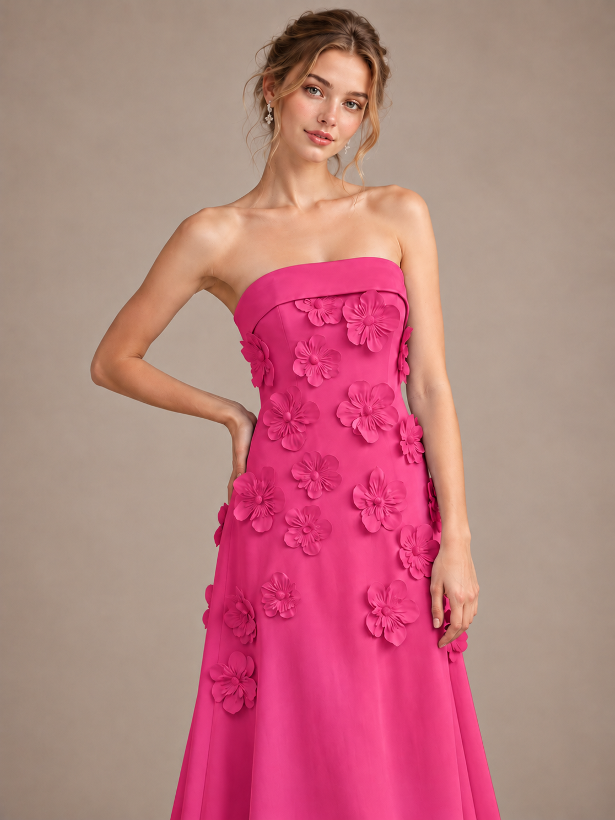 Yellow Strapless 3D Floral Appliques Maxi Dress