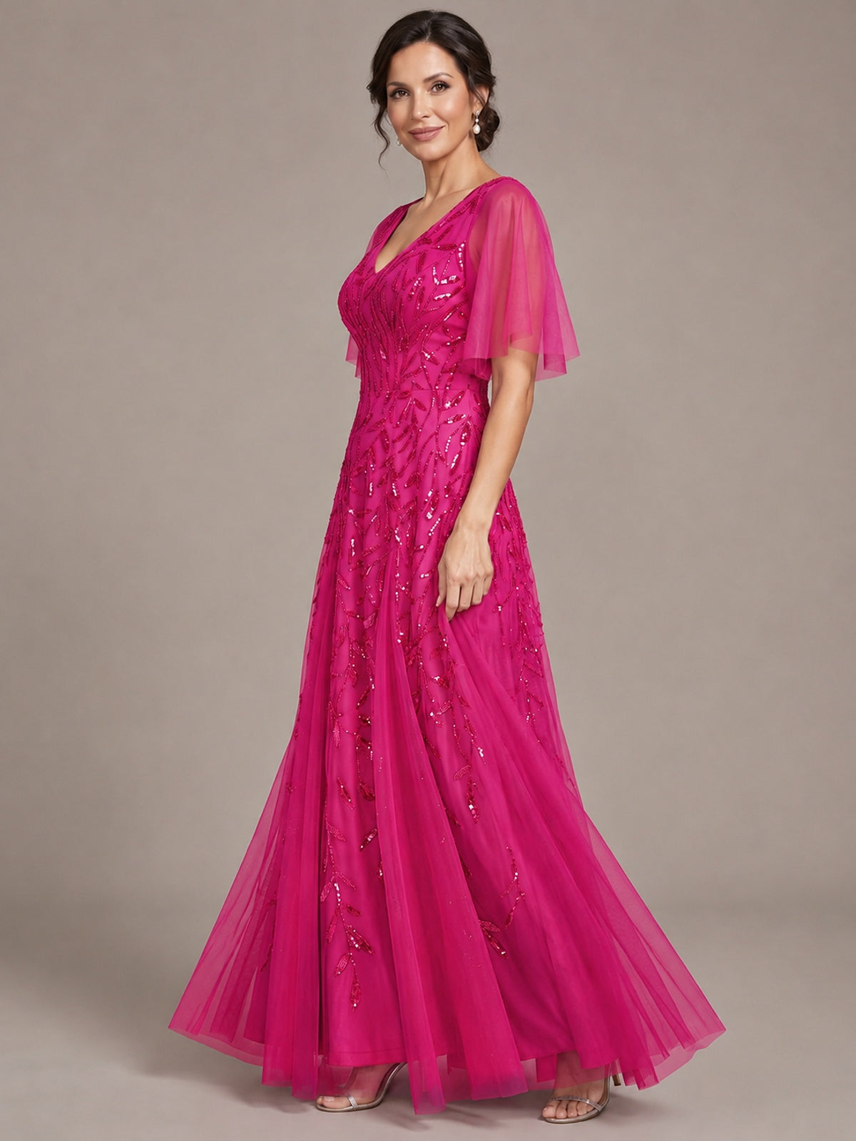 V-Neck Sequin Tulle Mother of the Bride Dress with Flutter Sleeve