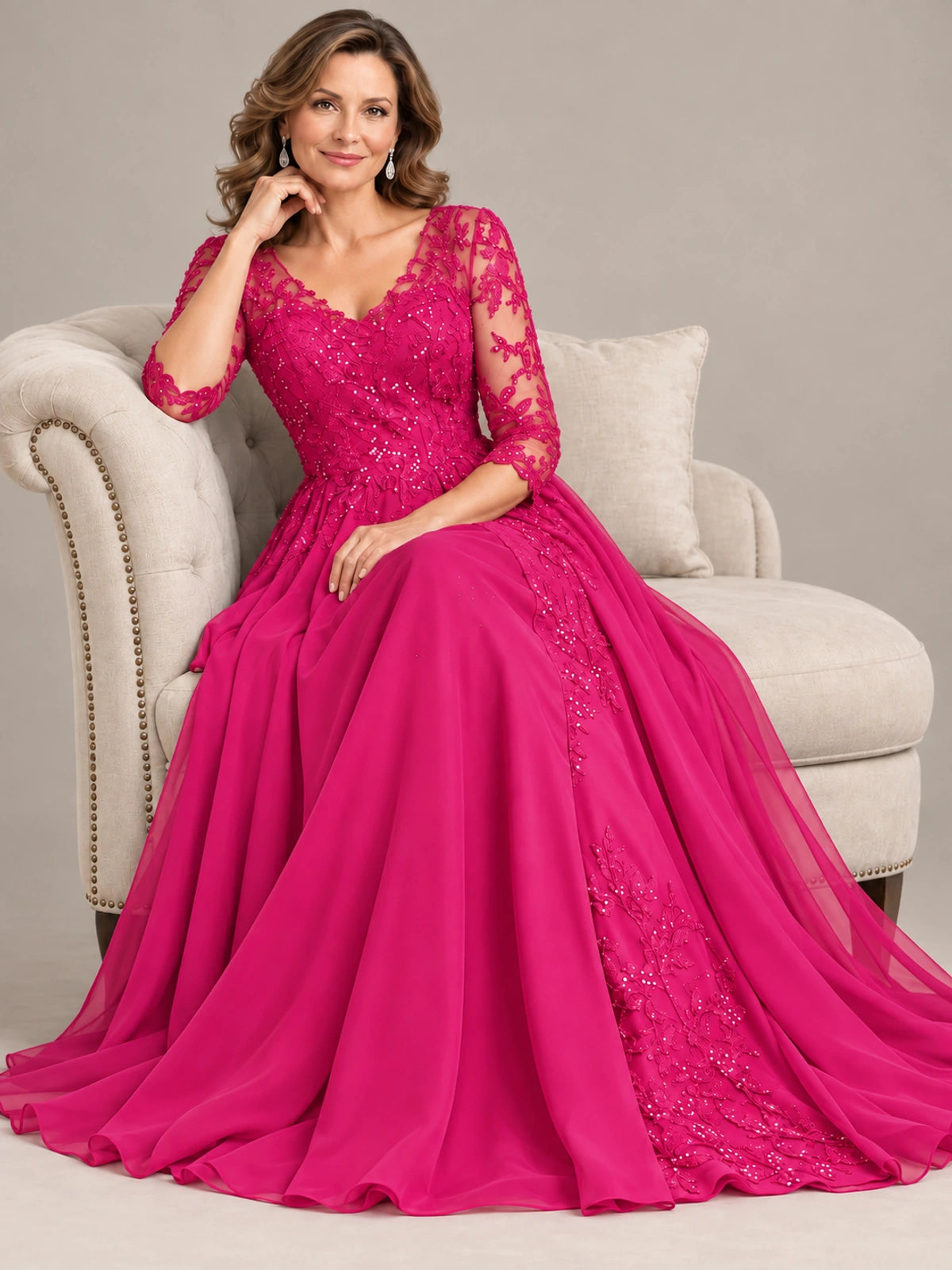 Sequin Lace A-Line Mother of the Bride Dress with 3/4 Sleeves
