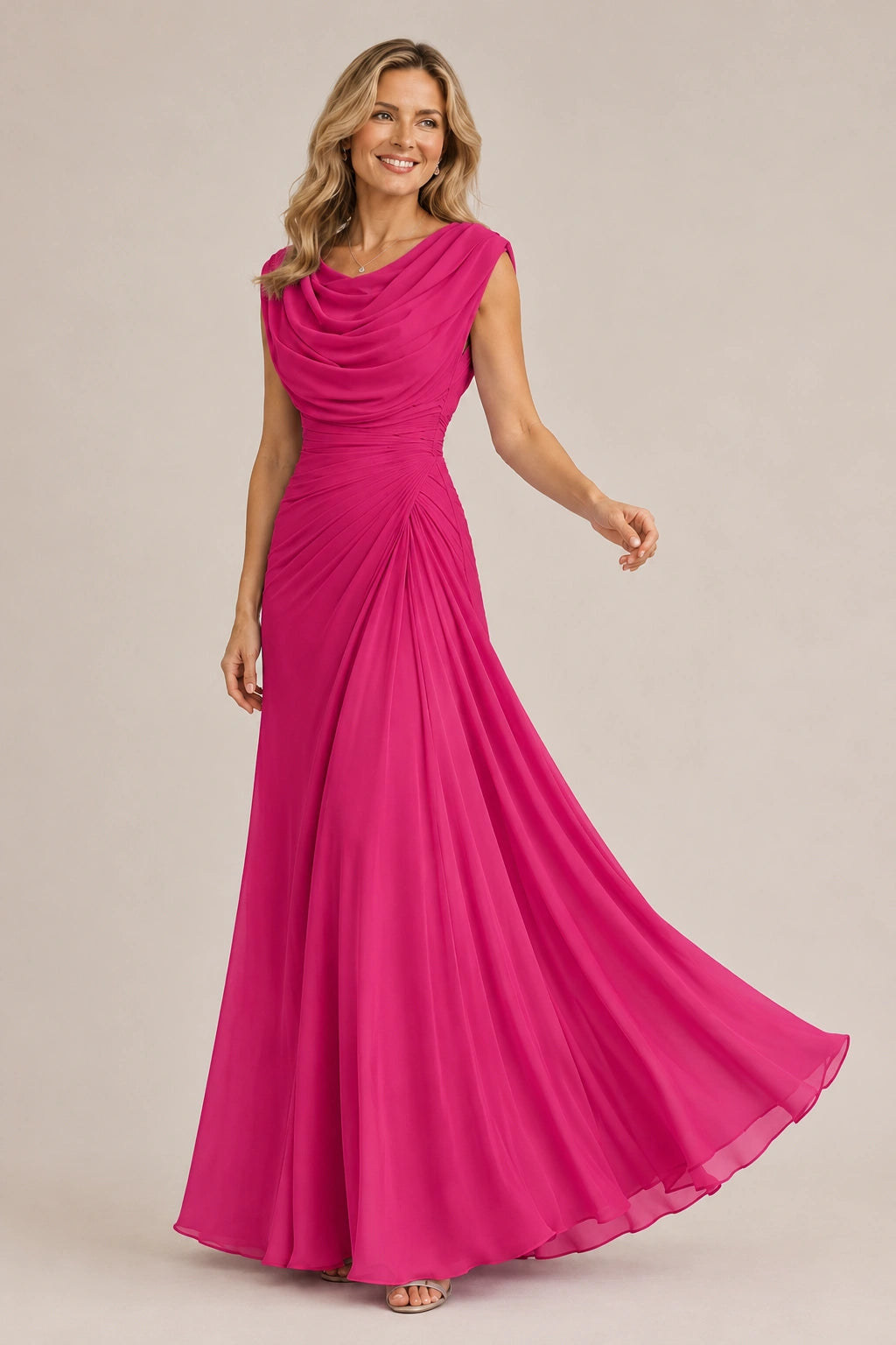 Cowl Neck Ruched Chiffon Mother of the Bride Dress