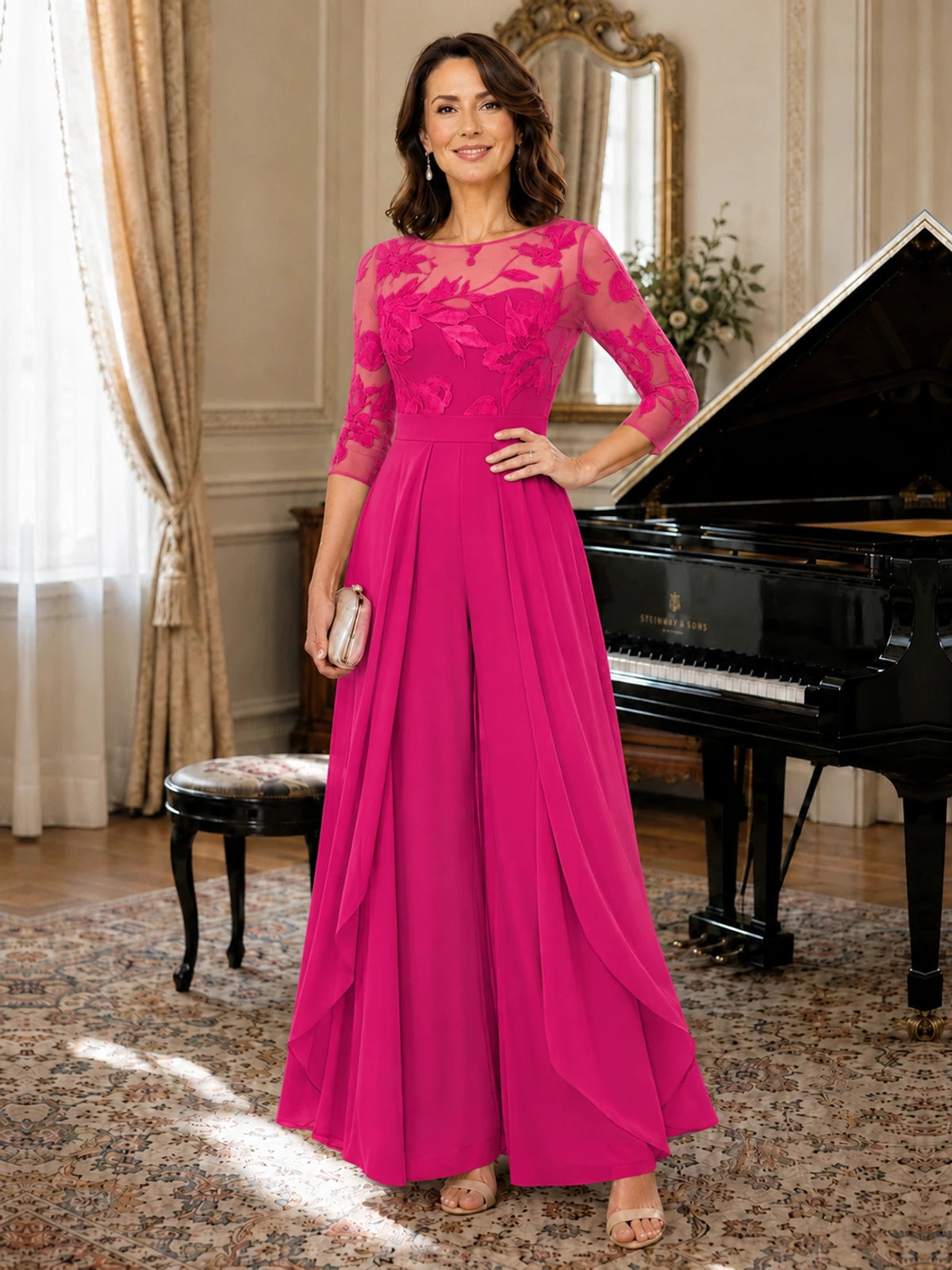 Lace Applique Wide-Leg Chiffon Mother of the Bride Jumpsuit