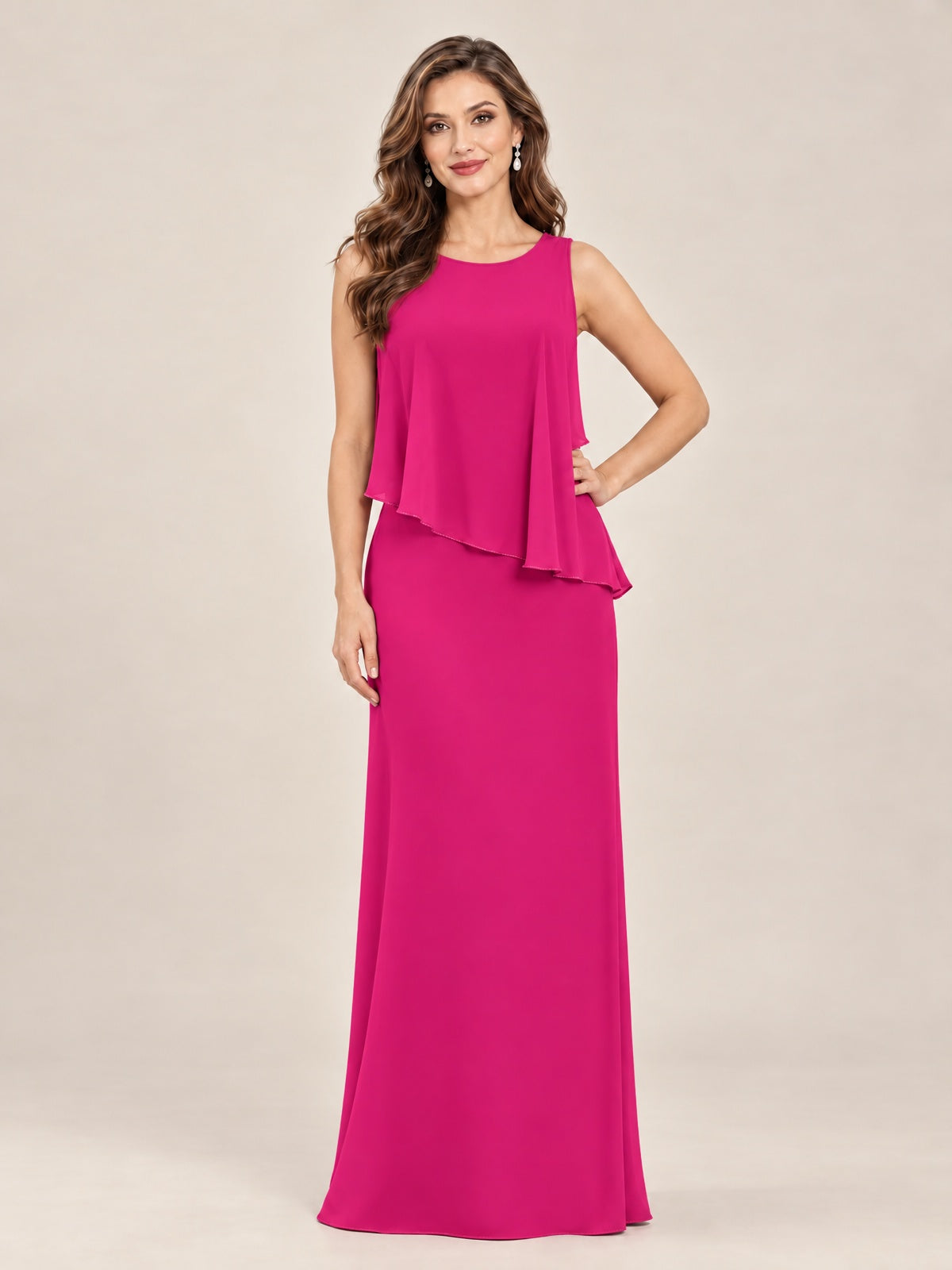Cape Sleeve Mother of the Bride Dress with Asymmetrical Overlay