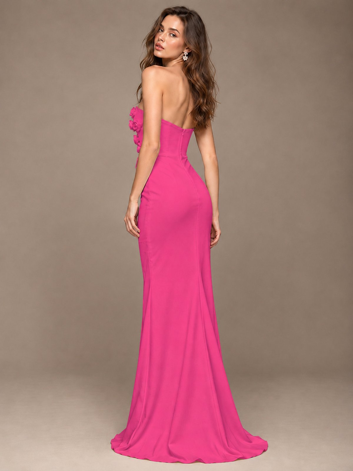 White Strapless Mermaid Maxi Dress with 3D Floral Appliques