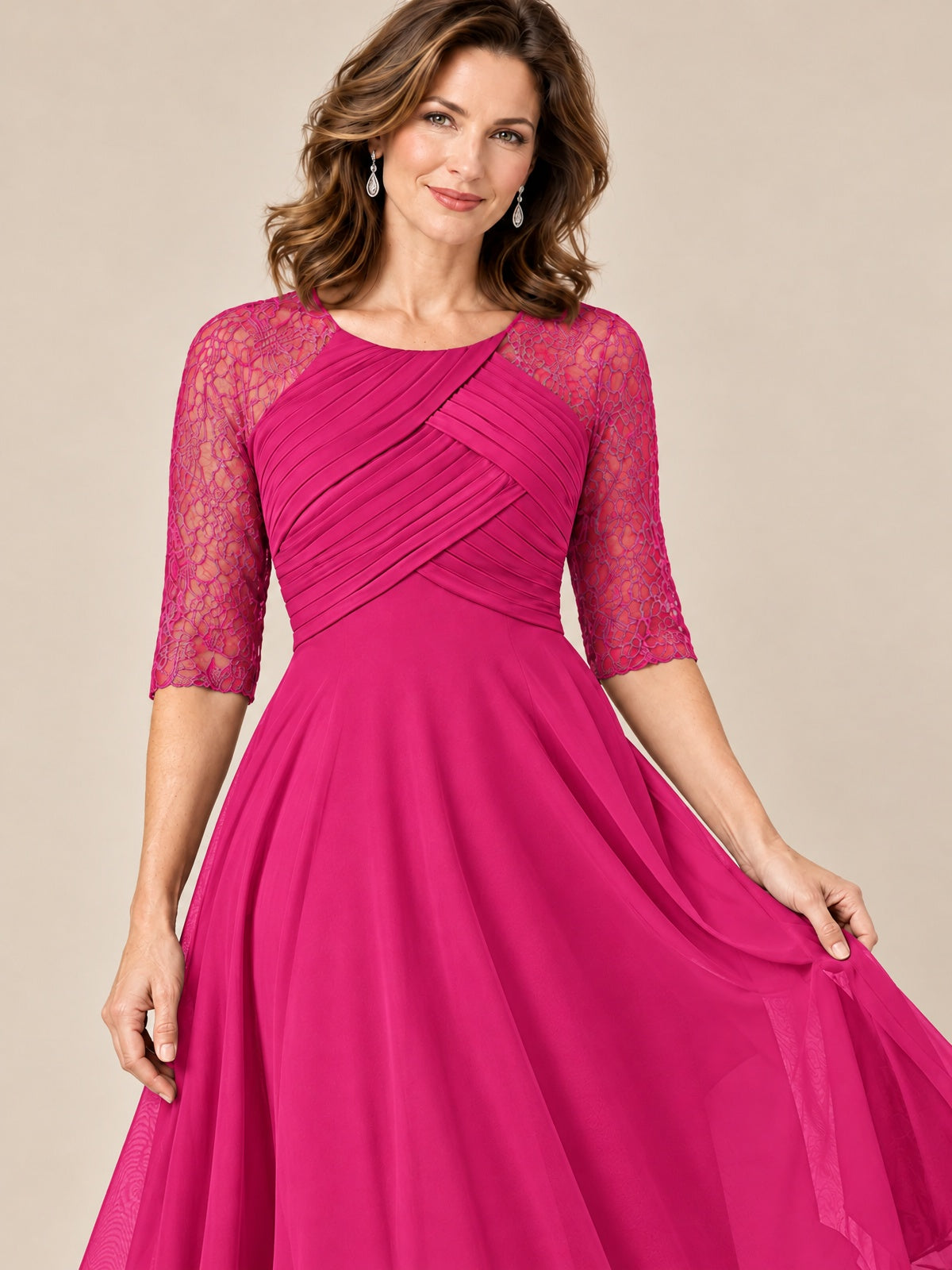 Tea-Length Mother of the Bride Dress with Lace 3/4 Sleeves