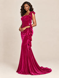 Black Velvet One-Shoulder Mermaid Evening Gown with Bow & Ruffles