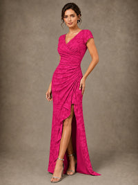 V-Neck Floral Jacquard Mother of the Bride Dress with Slit