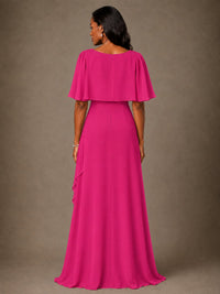 Taupe Chiffon A-Line Mother of the Bride Dress with Cape Sleeves