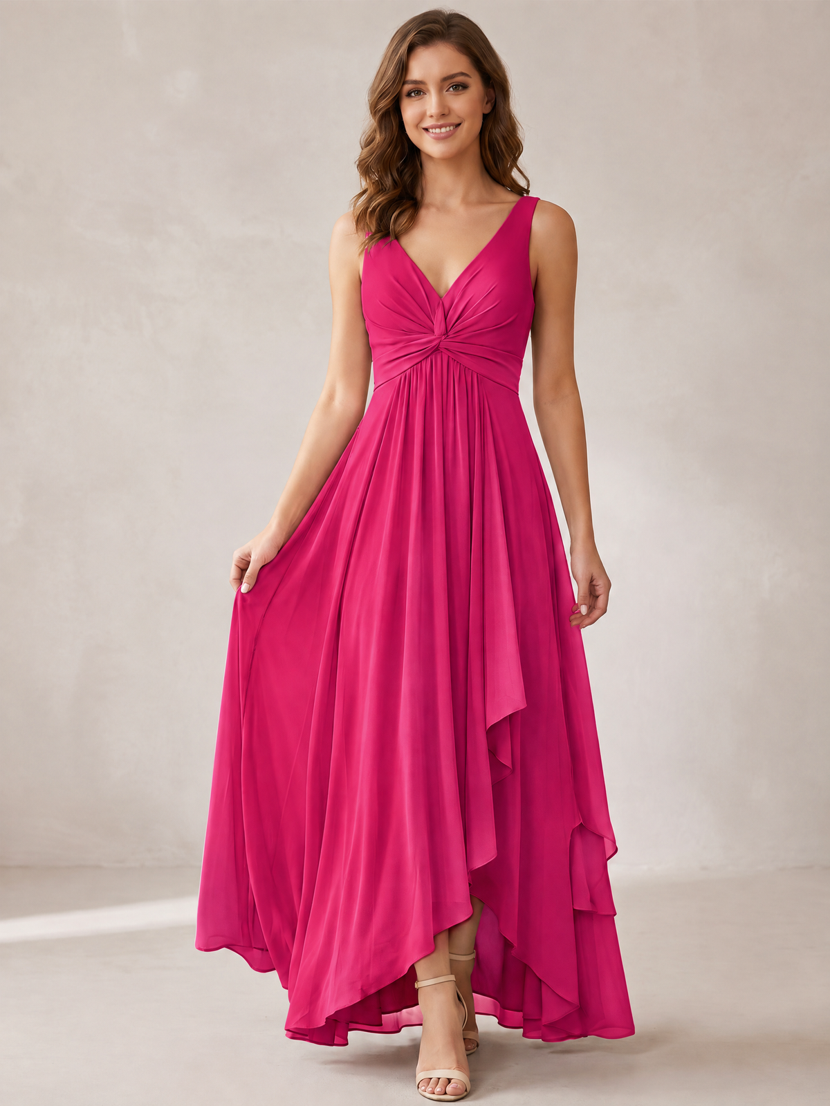 V-Neck High-Low Chiffon Bridesmaid Dress with Ruffles
