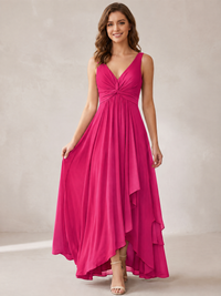 V-Neck High-Low Chiffon Bridesmaid Dress with Ruffles