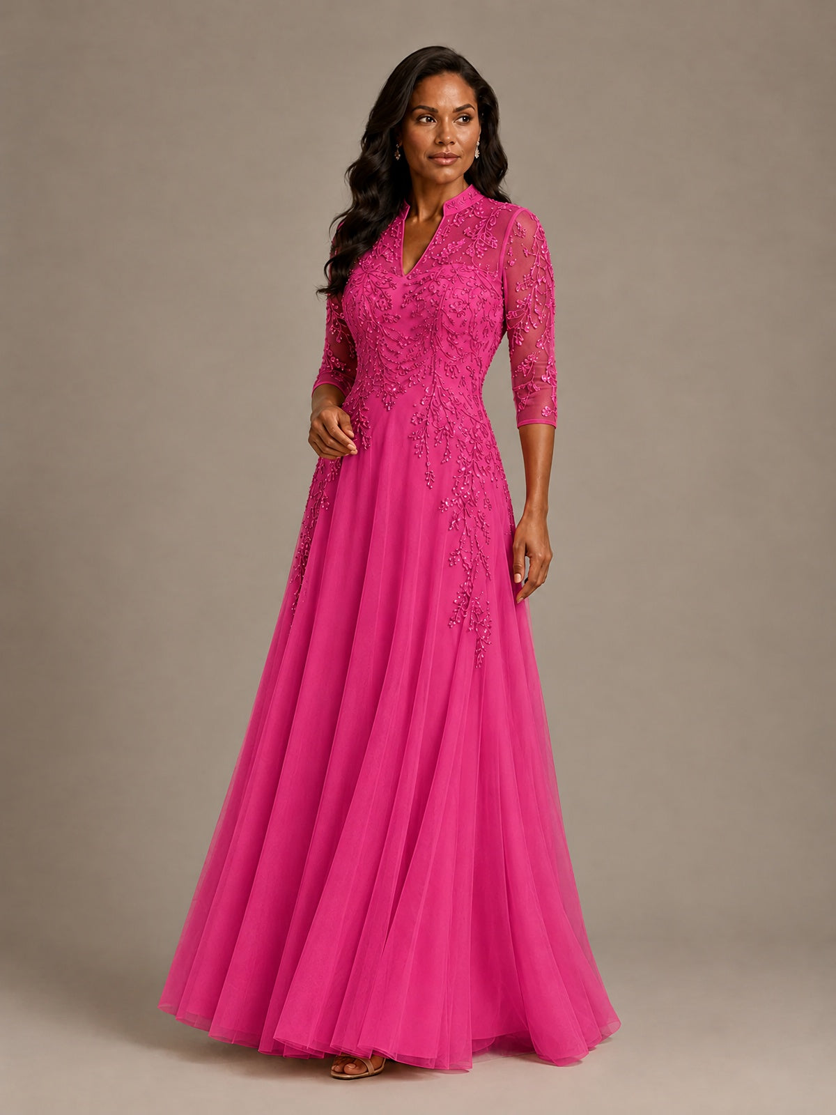 Embellished Appliques Mother of the Bride Dress with 3/4 Sleeves