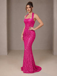 Gold Halter Sequin Mermaid Ruched Prom Dress Long Ruched Evening Gown