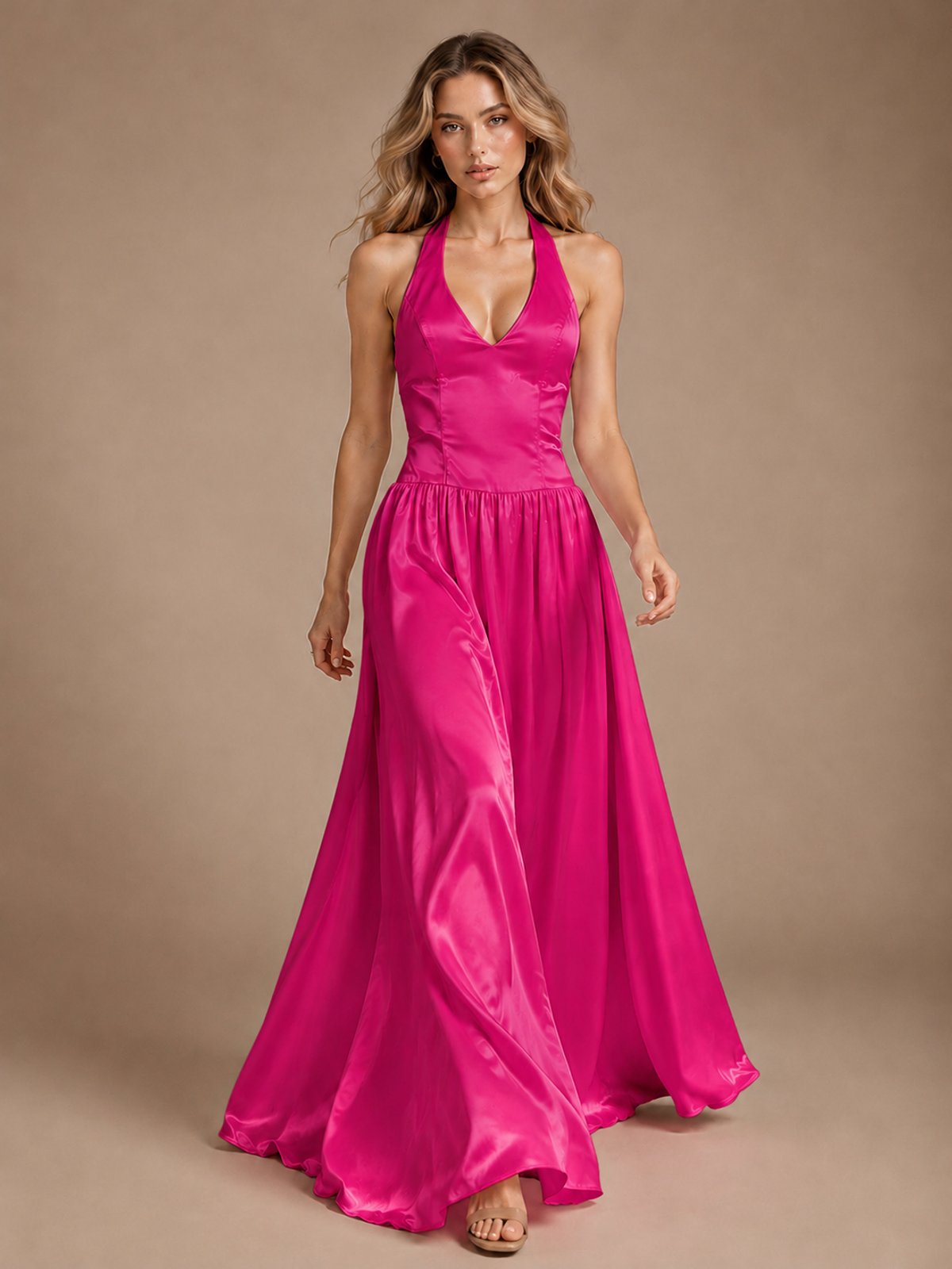 Pink V Neck Halter Satin Maxi Dress