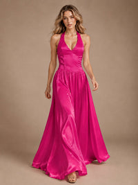 Pink V Neck Halter Satin Maxi Dress