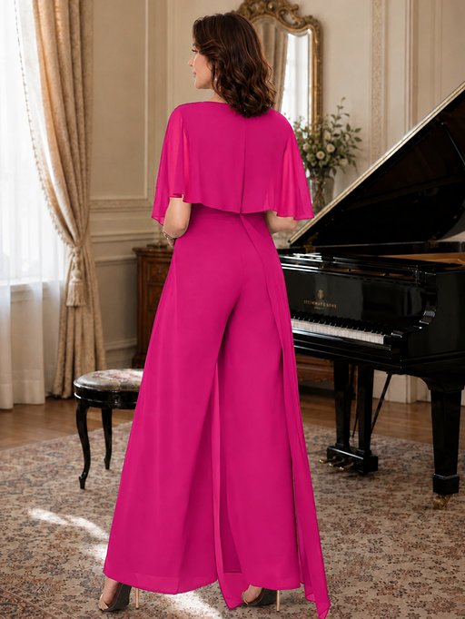 Chiffon Mother of the Bride Jumpsuit with Layered Cape Sleeves