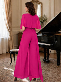 Chiffon Mother of the Bride Jumpsuit with Layered Cape Sleeves
