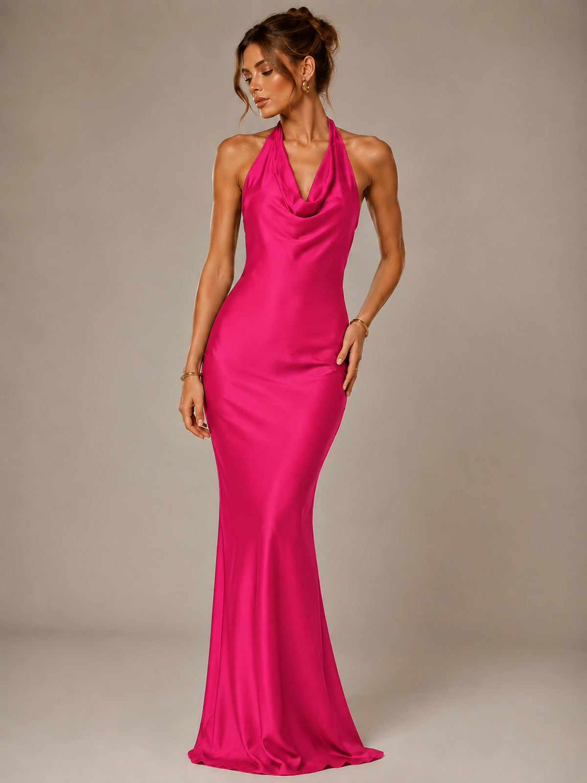 Olive Green Halter Satin Mermaid Maxi Dress