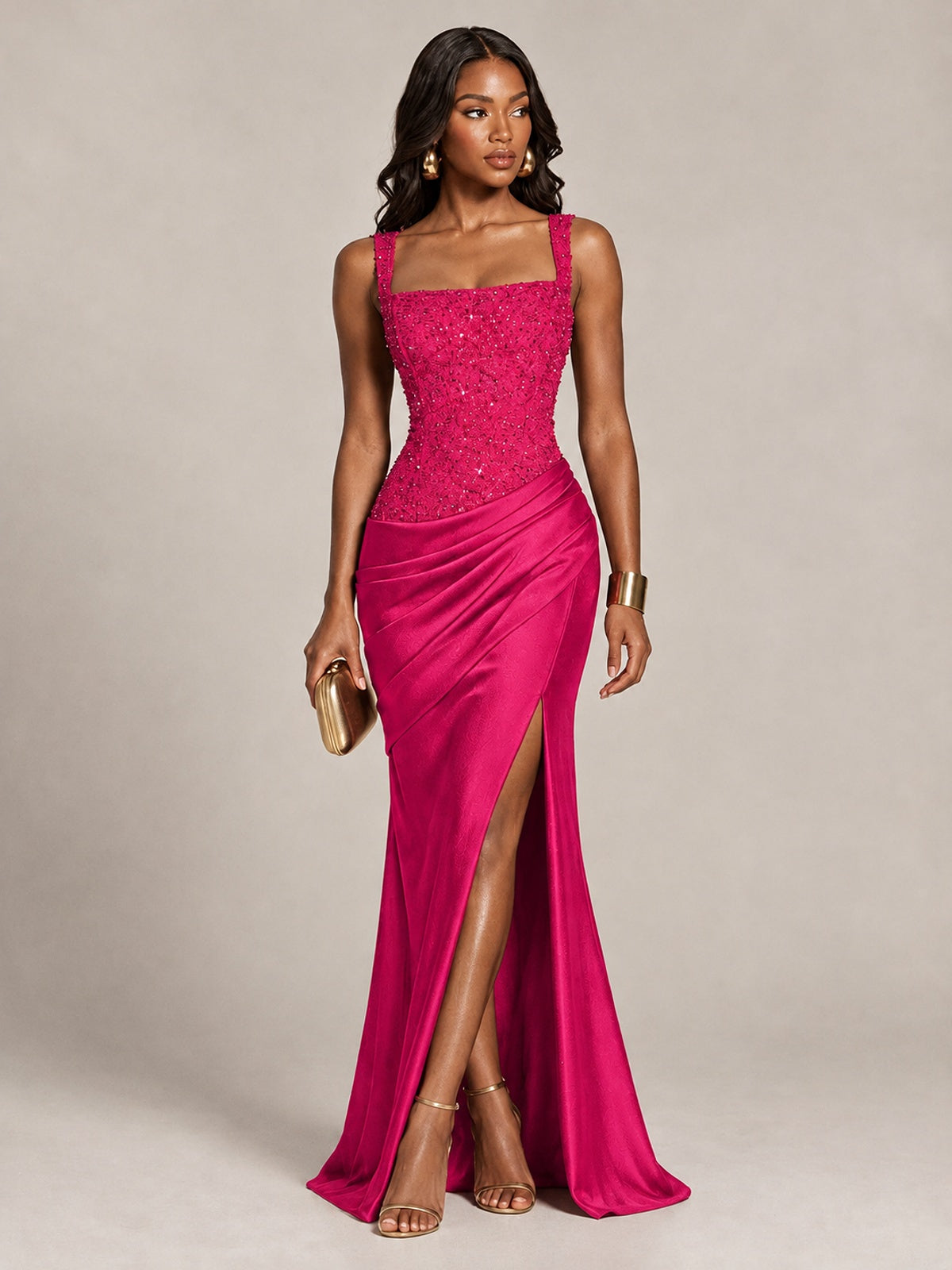 Scoop Neck Sequin Prom Dress with High Slit Satin Formal Gowns