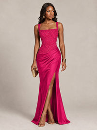 Scoop Neck Sequin Prom Dress with High Slit Satin Formal Gowns