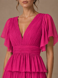 Chiffon V-Neck Tiered Ruffle Bridesmaid Dress with Slit