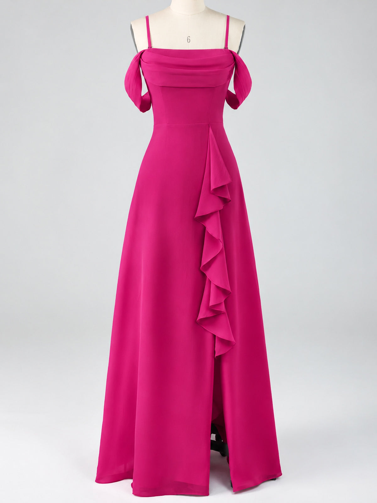 Spaghetti Strap Chiffon Bridesmaid Dress with Ruffles Slit