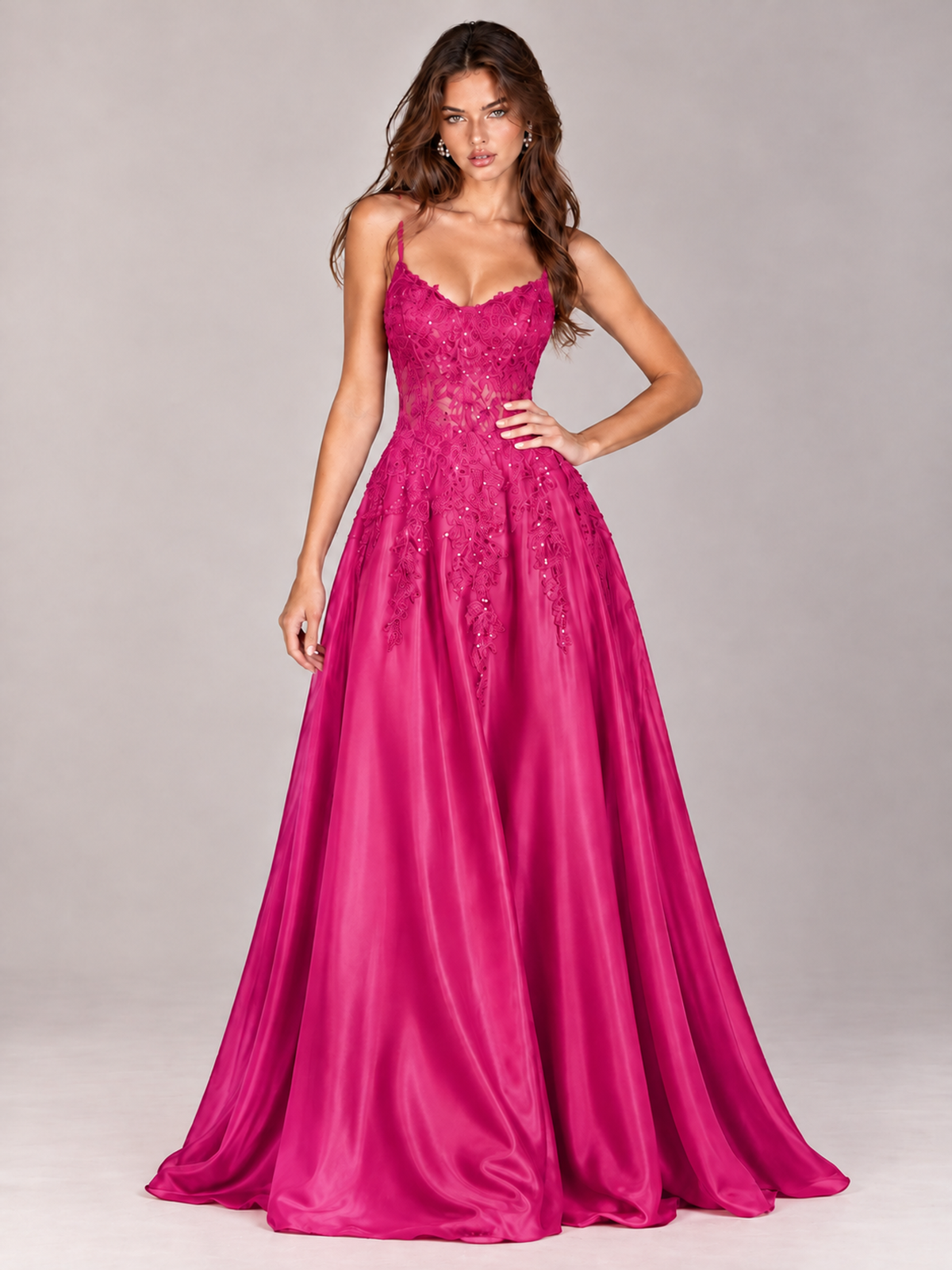 Lace Applique Satin A-Line Prom Dress with Sheer Bodice