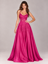 Lace Applique Satin A-Line Prom Dress with Sheer Bodice
