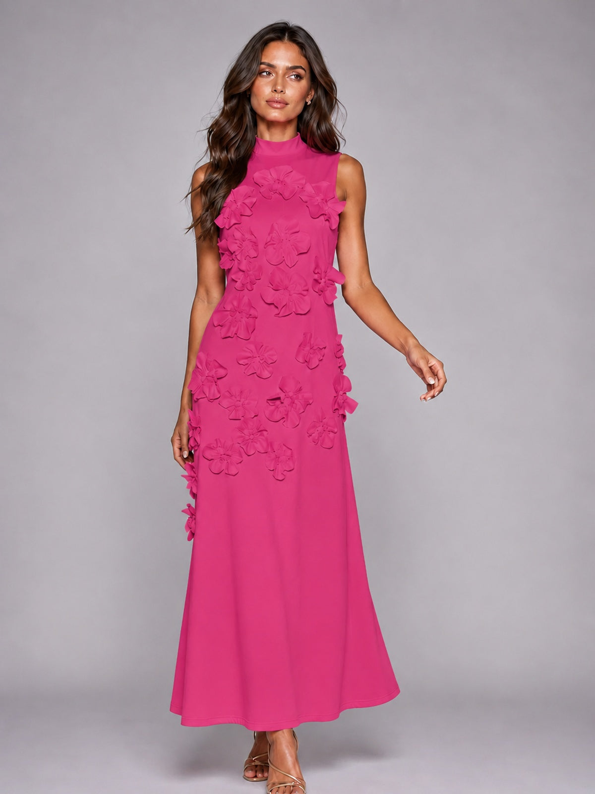 3D Floral Applique High Neck Prom Maxi Dress