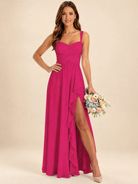 Spaghetti Straps Pleated Chiffon Bridesmaid Dress with Ruffle Slit