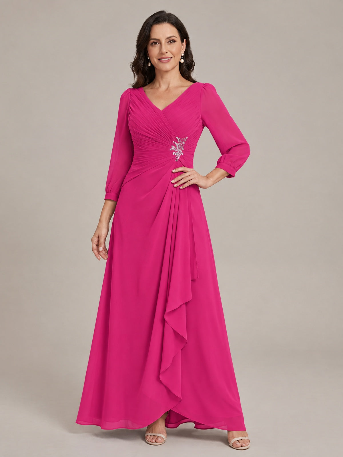 V-Neck Pleated Chiffon Mother of the Bride Dress with Flutter Sleeves