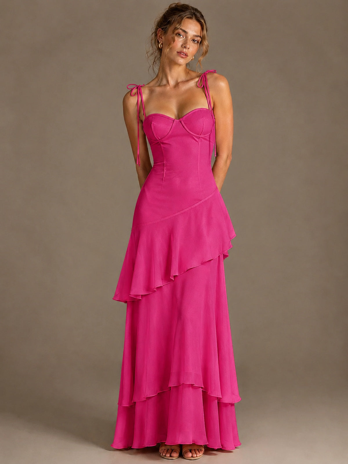 Spaghetti Strap Tiered Ruffles Chiffon Prom Dress