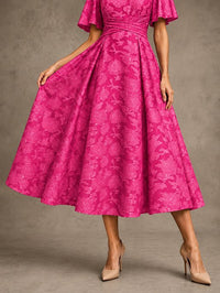 V-Neck Floral Jacquard Tea-Length Mother of the Bride Dress