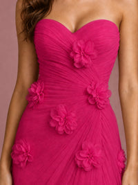 Blush Pink Strapless Sweetheart 3D Floral Tulle Mermaid Prom Dress