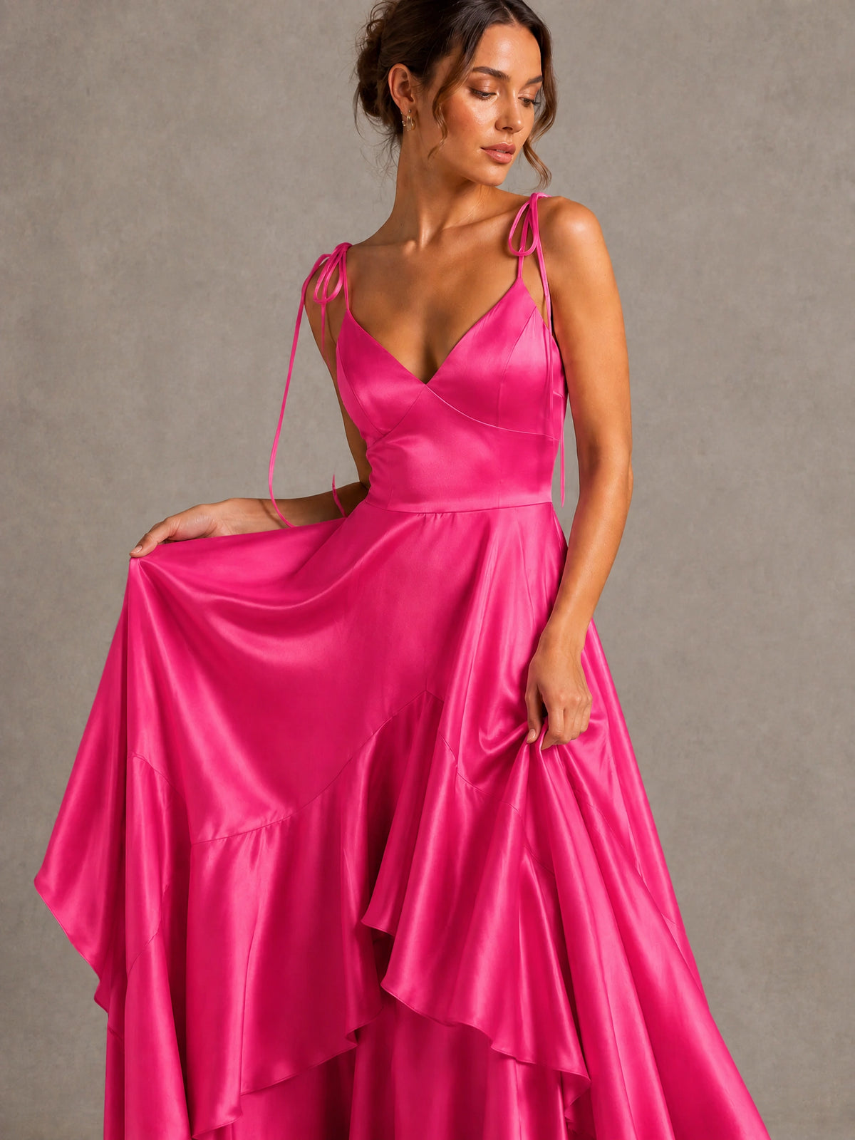 Lavender Satin V-Neck Ruffle Maxi Dress