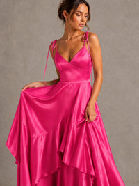 Lavender Satin V-Neck Ruffle Maxi Dress