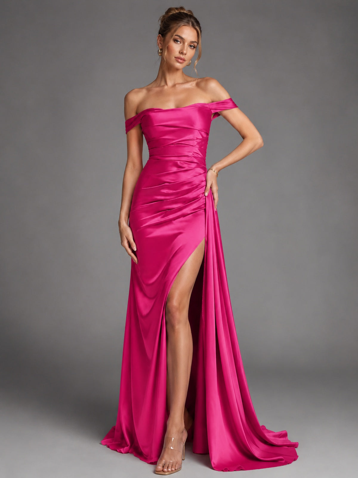 Off Shoulder Satin Maxi Dress with Slit