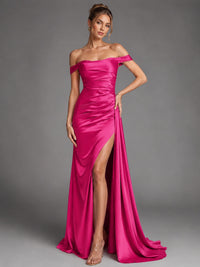 Off Shoulder Satin Maxi Dress with Slit