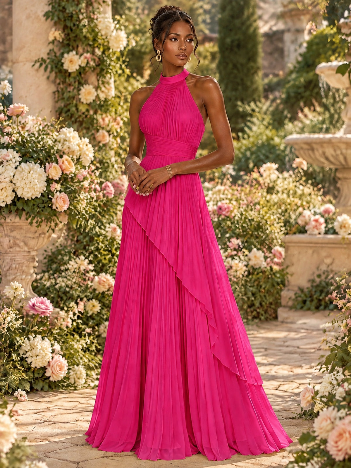 Wrap Pleated Prom Dress Halter A-line Chiffon Formal Wedding Dress