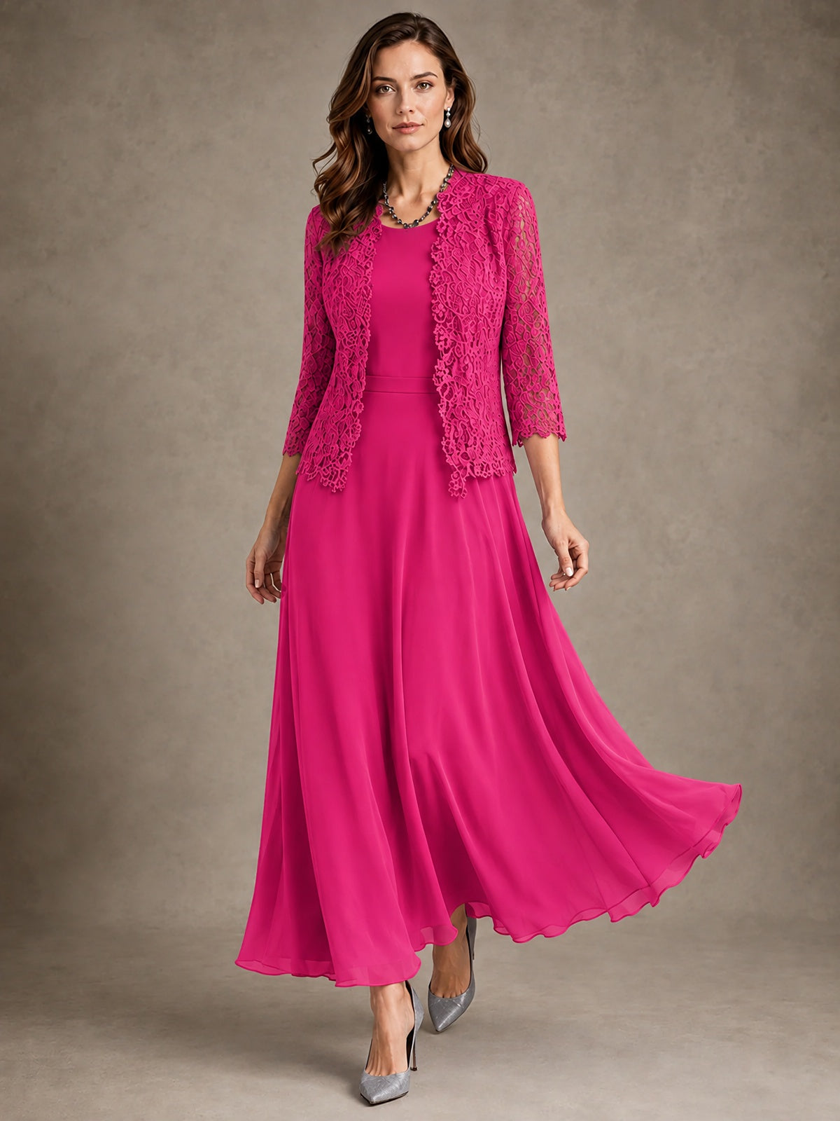 2-Piece Chiffon Mother of the Bride Dress with Lace Jacket