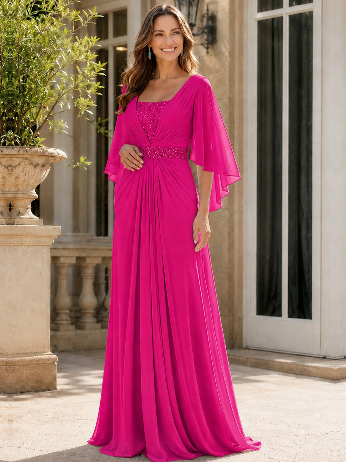 Elegant V-Neck Sequined Chiffon Mother of the Bride Dress with Flutter Sleeves