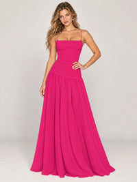 Butter Yellow Ruched Spaghetti Strap Drop-Waist Prom Dress