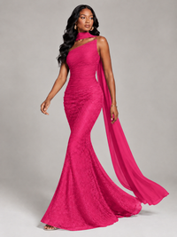 Pleated Chiffon Lace Prom Dresses Long Bodycon Mermaid with Scarf