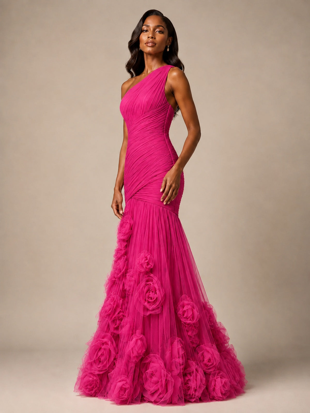 Blush Pink One Shoulder 3D Floral Mermaid Prom Dress