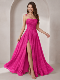 Sparkly Cowl Neck Corset Long Prom Dress with Slit A-line Tulle Ball Gown
