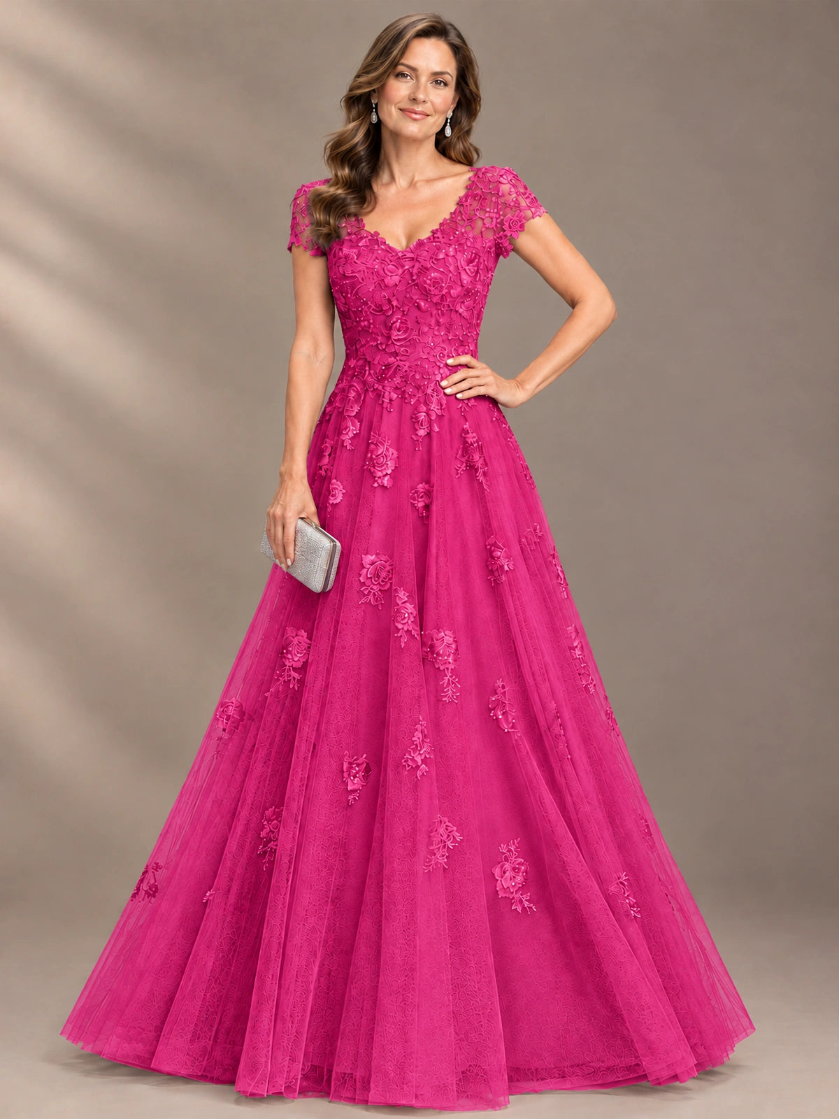 Lace Appliques A-line Mother of The Bride Dresses with Short Sleeves